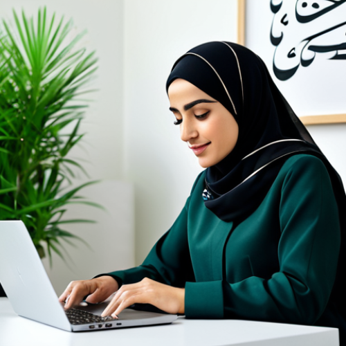Home 14 ** A professional Arab businesswoman, fully clothed in a modest, stylish abaya and hijab, working on a laptop in a modern, eco-friendly office decorated with Arabic calligraphy and green plants. Safe for work, appropriate content, perfect anatomy, natural proportions, high quality.
**