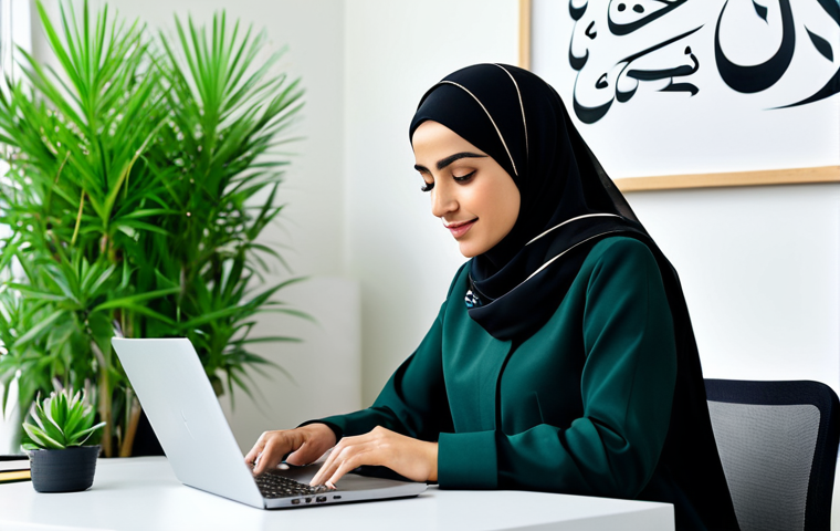 ** A professional Arab businesswoman, fully clothed in a modest, stylish abaya and hijab, working on a laptop in a modern, eco-friendly office decorated with Arabic calligraphy and green plants. Safe for work, appropriate content, perfect anatomy, natural proportions, high quality.

**