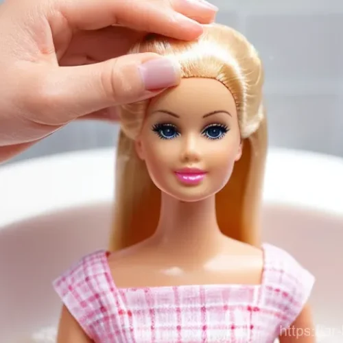 바비인형 컬렉션 관리법 - **Prompt:** A close-up shot of a collector's hands gently washing a vintage Barbie doll's hair. The ...