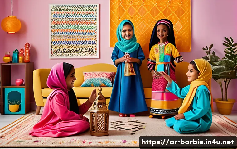 어린이들이 좋아하는 바비 테마 - A diverse group of children playing together with Barbie dolls dressed in culturally inspired outfit...